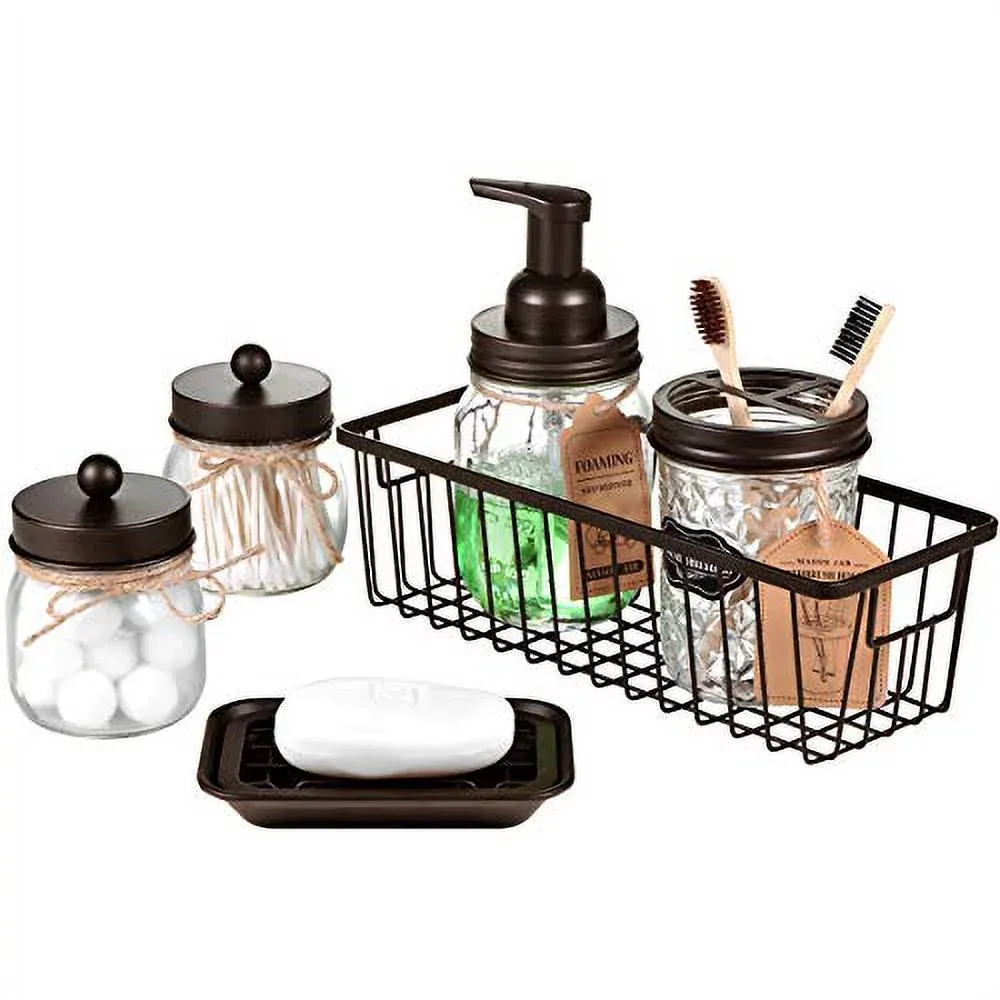 Mason Jar Bathroom Accessories Set(6pcs) - Foaming Soap Dispenser,Toothbrush Holder,Qtip Holder,Apothecary Jars, Soap Dish,Metal Wire Storage Organiz