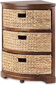 Hampton Meadows 3 Tier X-Side Corner Table Storage Cabinet with 3 Wicker Baskets, Walnut