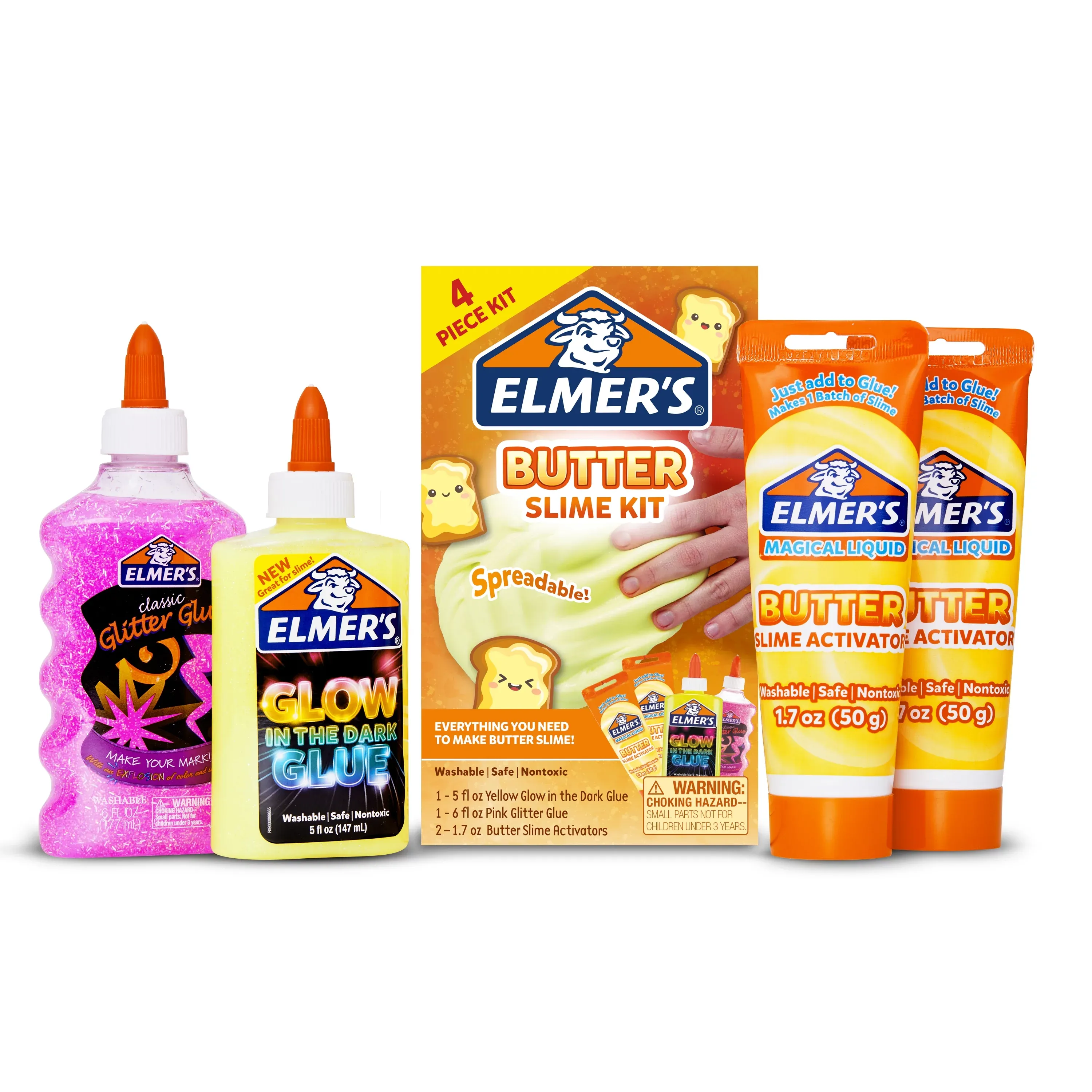 Kit de baba de mantequilla de Elmer, incluye pegamento que brilla en la oscuridad de Elmer, pegamento de purpurina de Elmer, activador de limo de mantequilla de Elmer, 4 unidades