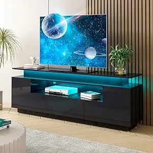 Doredo Modern LED TV Stand for 75 inch TV, Black Entertainment Center with LED ...