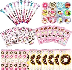 TINYMILLS Donuts Birthday Party Favor Set (12 multi-point pencils, 12 self-inking stampers, 12 sticker sheets, 12 small spiral notepads) Donuts party supplies party favor favor stuffers