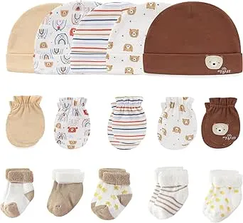 MAMIMAKA Baby Caps Mittens and Thick Warm Socks Cotton Newborn Essentials Accessories (Hats+Gloves+Terry Socks),0-6 Months