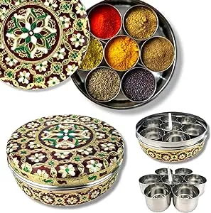 Meenakari Steel Indian Spices Box Designer Small Round Masala Box Spice Organizer Spice Storage Container Masala Dabba Kitchen Essentials Home Decor