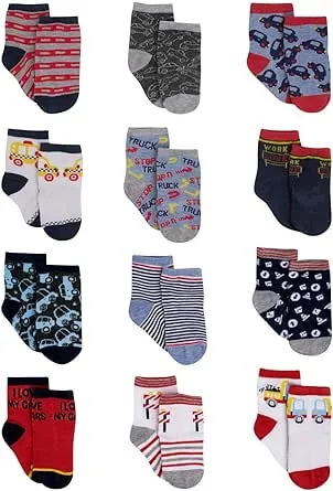 Rising Star Baby Boys Assorted Color Designs 12 Pair Socks Set, Age 0-24 Months 6-12 Months / Cars Designs