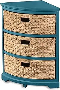 Hampton Meadows 3 Tier X-Side Corner Table Storage Cabinet with 3 Natural Water Hyacinth Wicker Baskets for Living Room, Teal