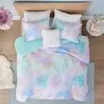 Intelligent Design Cassiopeia Full/Queen Aqua Watercolor Tie Dye Printed Duvet Cover Set