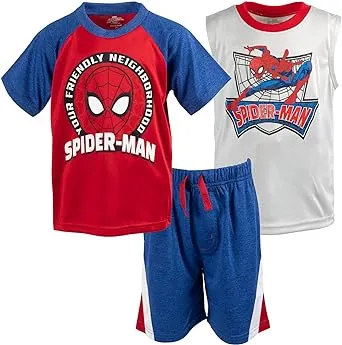 Marvel Spider-Man Little Boys Graphic T-Shirt Tank Top and Shorts 3 Piece Outfit Set Blue /Gray /Red 6