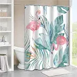 Tititex Tropical Pink Flamingo Shower Curtain with Hooks, Teal Palm Leaves Modern Style Waterproof Fabric Bathroom Decor Set 72X72 Inch