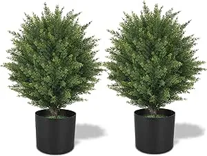 ECOLVANT Two 21''T Artificial Topiary Ball Trees Artificial Bushes UV Resistant Artificial Shrubs Potted Artificial Cedar Trees for Outdoor Indoor Front Porch Garden