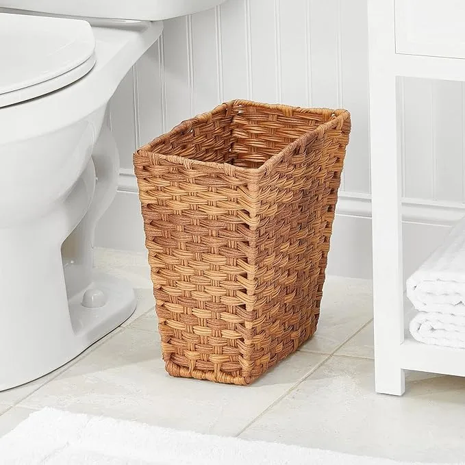 mDesign Small Woven Trash Can - Slim Rectangular Waste Basket - Decorative Garbage Waste Bin for Bedroom, Bathroom, Kitchen, Home Office, Craft, Laundry, Utility Rooms, and Garage - Camel