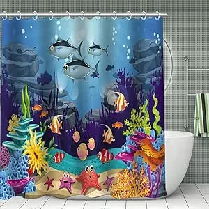 SHUIHAN Ocean Shower Curtain Under The Sea Shower Curtain Blue Ocean Fish Shower Curtain Sea World Kids Shower Curtain Waterproof Polyester Shower Curtains with Hooks 70.8x70.8in