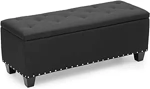 MoNiBloom 42 Inch Long Ottoman with Storage, Black Linen Foot Stool Upholstered Foam Padded Rectangular Fabric Tufted Bench Footrest for Living Room Bedroom Entry with 300 Lbs Capacity