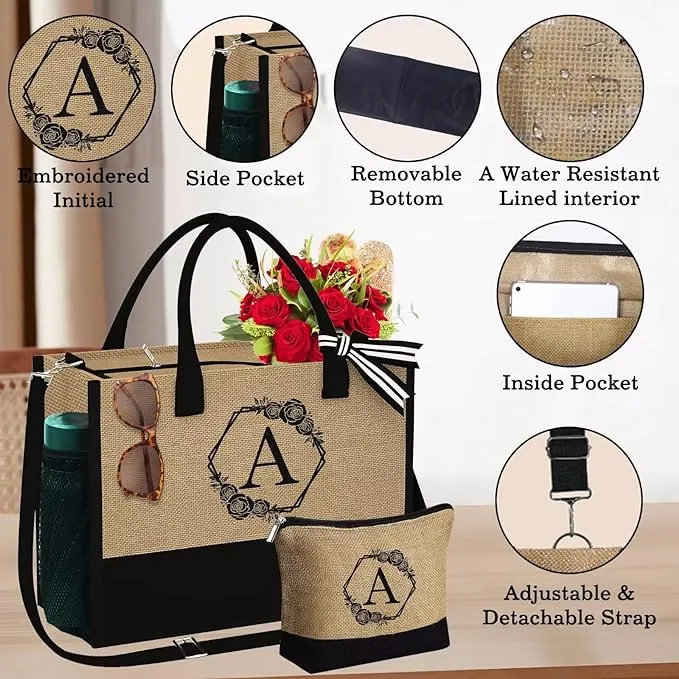 YOOLIFE Gifts for Women - Mothers Day Gifts, Graduation Gifts, Teacher Appreciation Gifts, Initial Jute Tote Bag & Makeup Bag