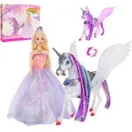 BETTINA Color Changing Unicorn & Princess Doll, Color Change on Whole Unicorn Under Sunshine, 11.5'' Princess Doll Toy, Unicorn Toys with Removable Saddle&Wings