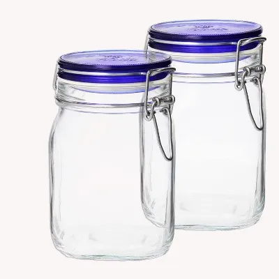 Bormioli Rocco Fido Square Jar with Blue Lid - 33 oz 1L (2 Pack)