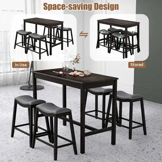 5pcs Counter Height Upholstered Saddle Stools Bar Table Set