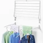 Wall Mounted Clothes Drying Rack, 31.5" Wide with 7 Stainless Steel Rods Drying Rack for Hanging Clothes Space Saving Design, 60 lb Capacity Foldable Laundry Clothes Drying Rack White