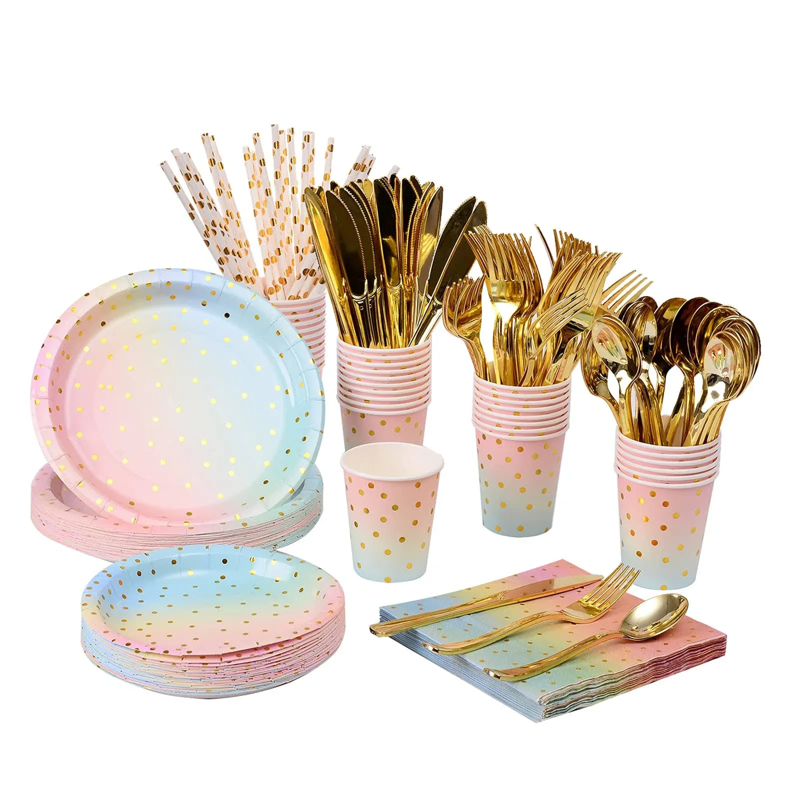 200PCS Rainbow Pastel Party Supplies Set-Disposable Paper Dinnerware Serves 25, Pastel Paper Plates Napkins Cups&Gold Plastic Silverware Sets for Wedding Birthday Baby Shower Holiday Parties(Colorful)