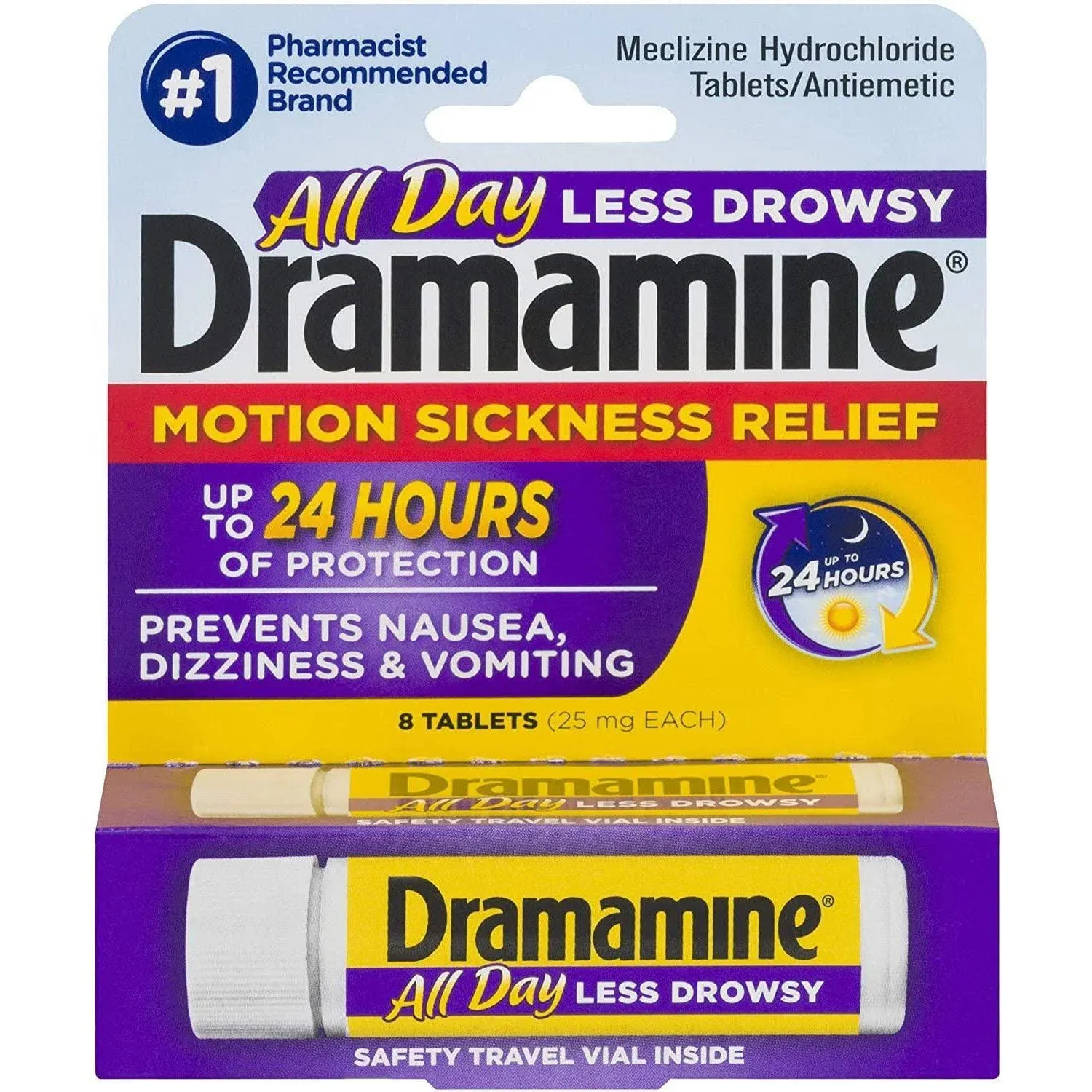 Dramamine All Day Less Drowsy, Motion Sickness Relief, 8 Count, 3 Pack 