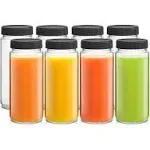 JoyJolt Reusable Glass Juice Bottles with Lids - 16oz - Set of 8 - 16 oz - Black