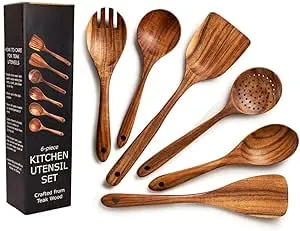 Zulay Kitchen 6-Piece Wooden Spoons for Cooking - Smooth Finish Teak Wooden Utensils for Cooking - Soft Comfort-Grip Wood Spoons for Cooking - Non-STI