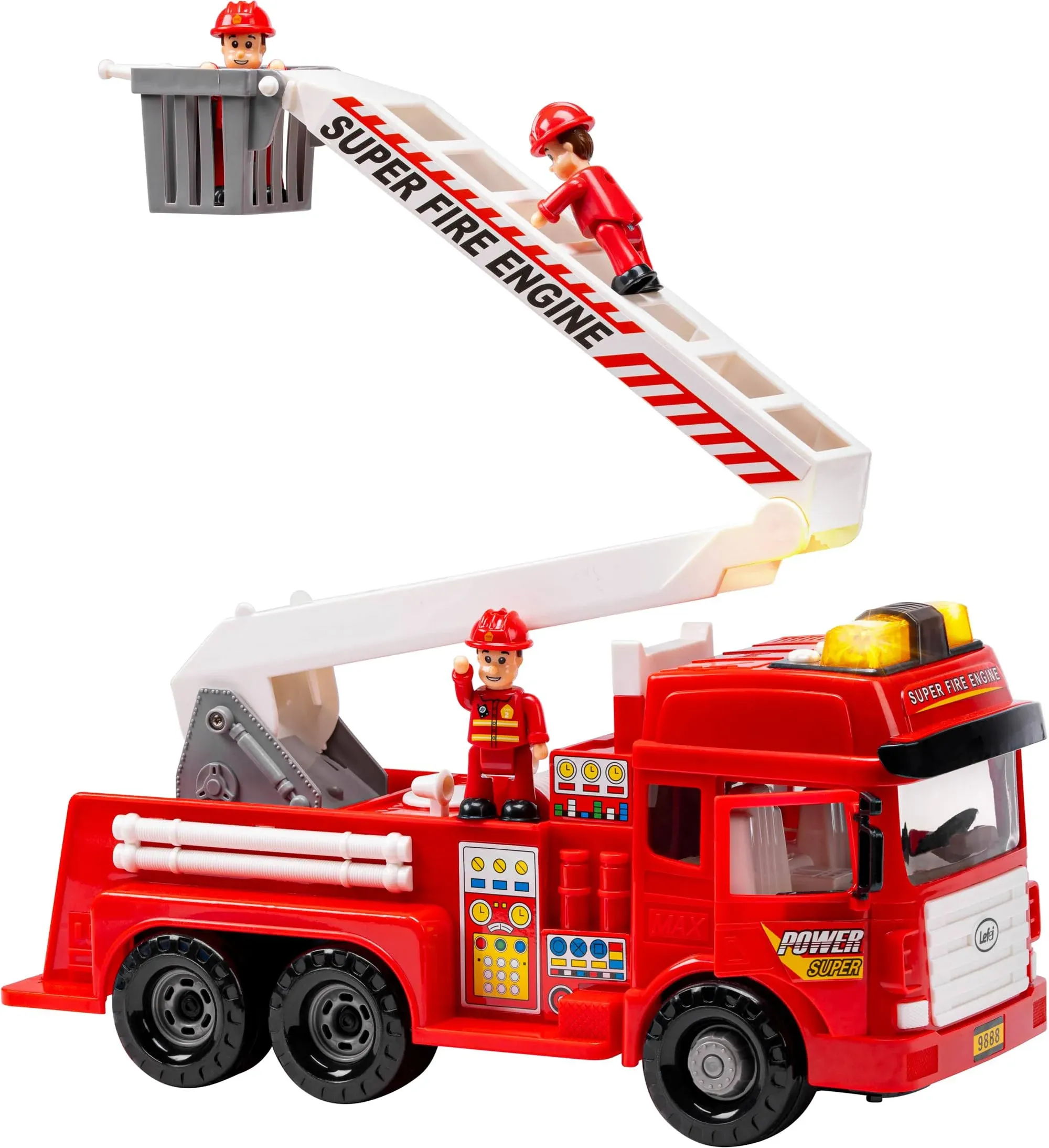 FUNERICA Large Fire Truck Toy with Lights and Sounds - Doors That Open - Big Folding Ladder - with Toy Firemen Figures - Red Firetruck Engine for Toddlers and Kids