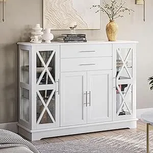 BELLEZE Sideboard Buffet, 47 Inch Storage Console Table Coffee Bar Kitchen Cupboard Pantry Glass Display Cabinet for Lving Entryway Dining Room, White