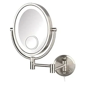 JERDON Two-Sided Wall-Mounted Makeup Mirror with Lights - Lighted Makeup Mirror with 10X Magnification & Wall-Mount Arm - Oval Mirror with Nickel Finish Wall Mount - Model HL9515NL