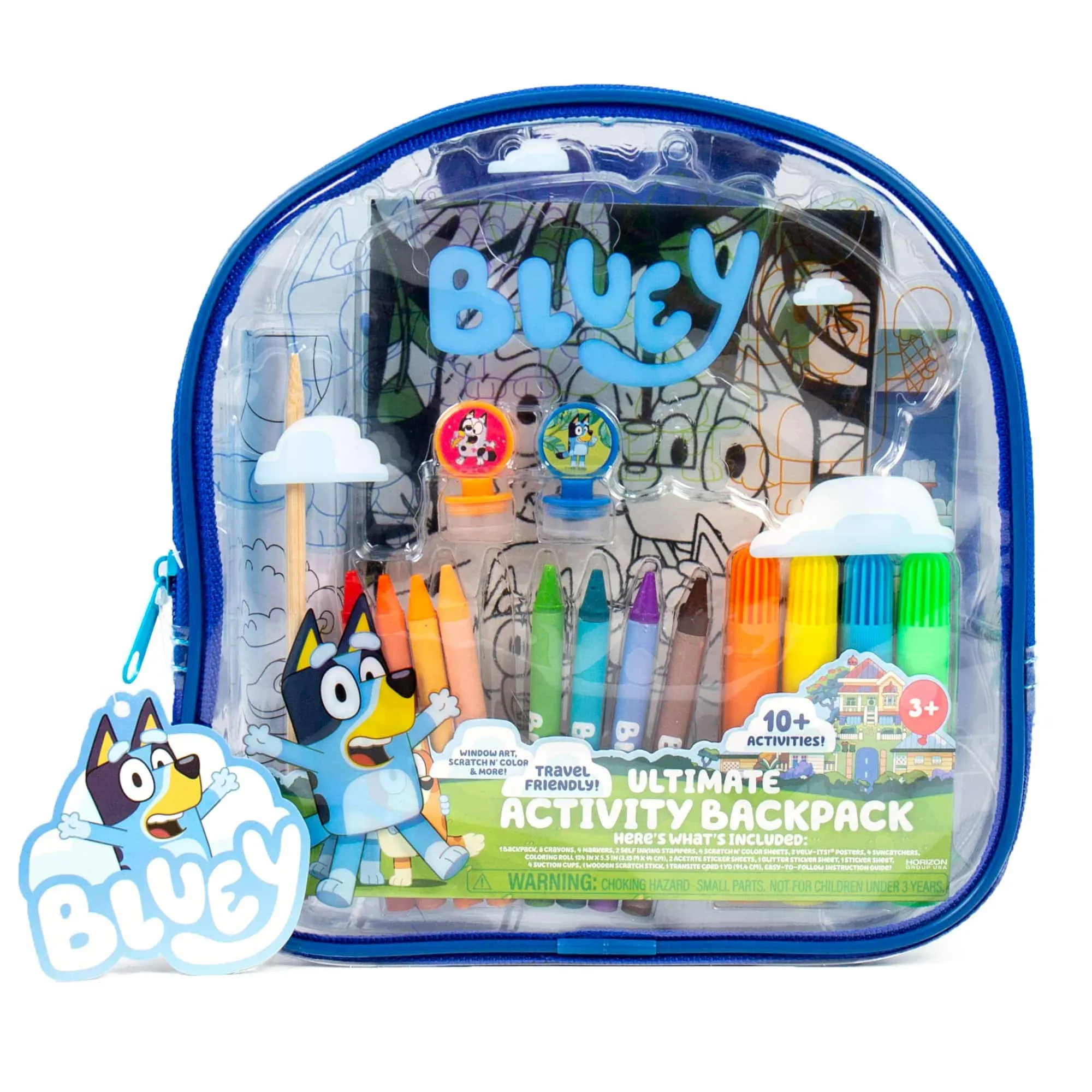 Bluey Ultimate Activity Backpack, 10+ Activities, Includes Backpack with 4 Sticker Suncatchers with 4 Suction Cups, 4 Surprise Scratch Arts, 2 Velv-its Posters, 1 Coloring Roll, 4 Markers, Kid Gifts