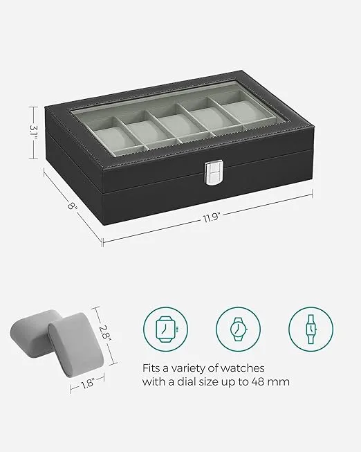 SONGMICS Watch Box, 12-Slot Watch Case with Large Glass Lid, Removable Watch Pillows, Watch Box Organizer, Gift for Loved Ones, Black Synthetic Leather, Gray Lining UJWB12BK