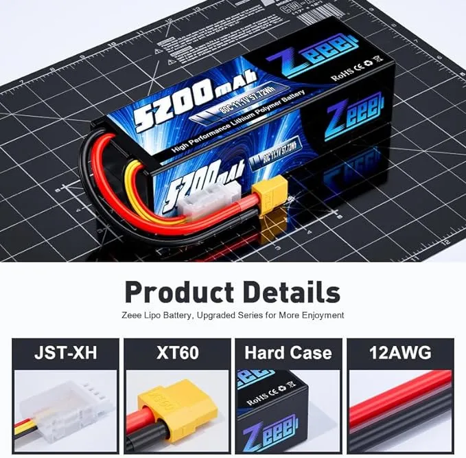 Zeee 3S 5200mAh Lipo Battery 11.1V 80C Hard Case with XT60 Connector for RC Car