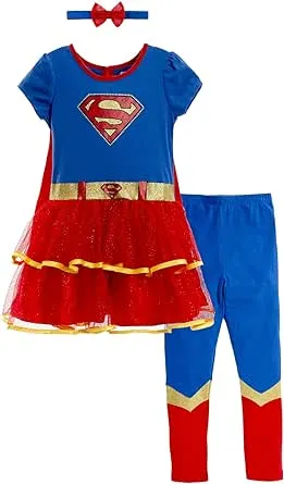 DC Comics Justice League Supergirl Newborn Baby Girls Costume Dress Leggings Cape and Headband 4 Piece Set 0-6 Months