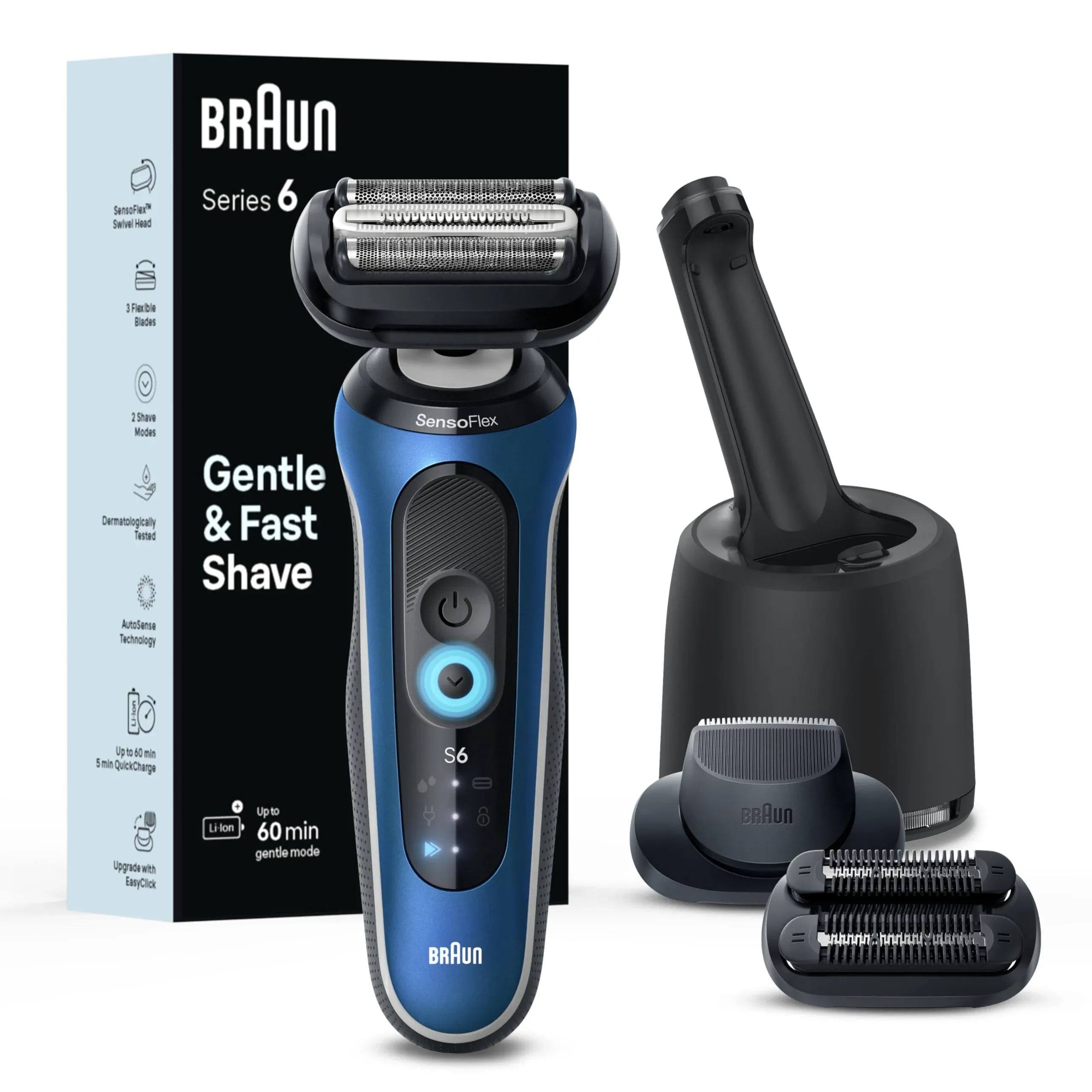 Braun Electric Shaver for Men, Series 6 6177cc, Wet & Dry Shave, Turbo & Gentle Shaving Modes, Foil Shaver, Blue