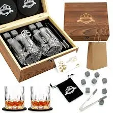 Whiskey Gifts for Men - Whiskey Stones and Glasses Gift Set - Granite Chilling Stones Whiskey Rocks - Scotch Bourbon Whiskey Glass Gift Box - Drinking Gifts for Men Dad Husband Birthday Party Present