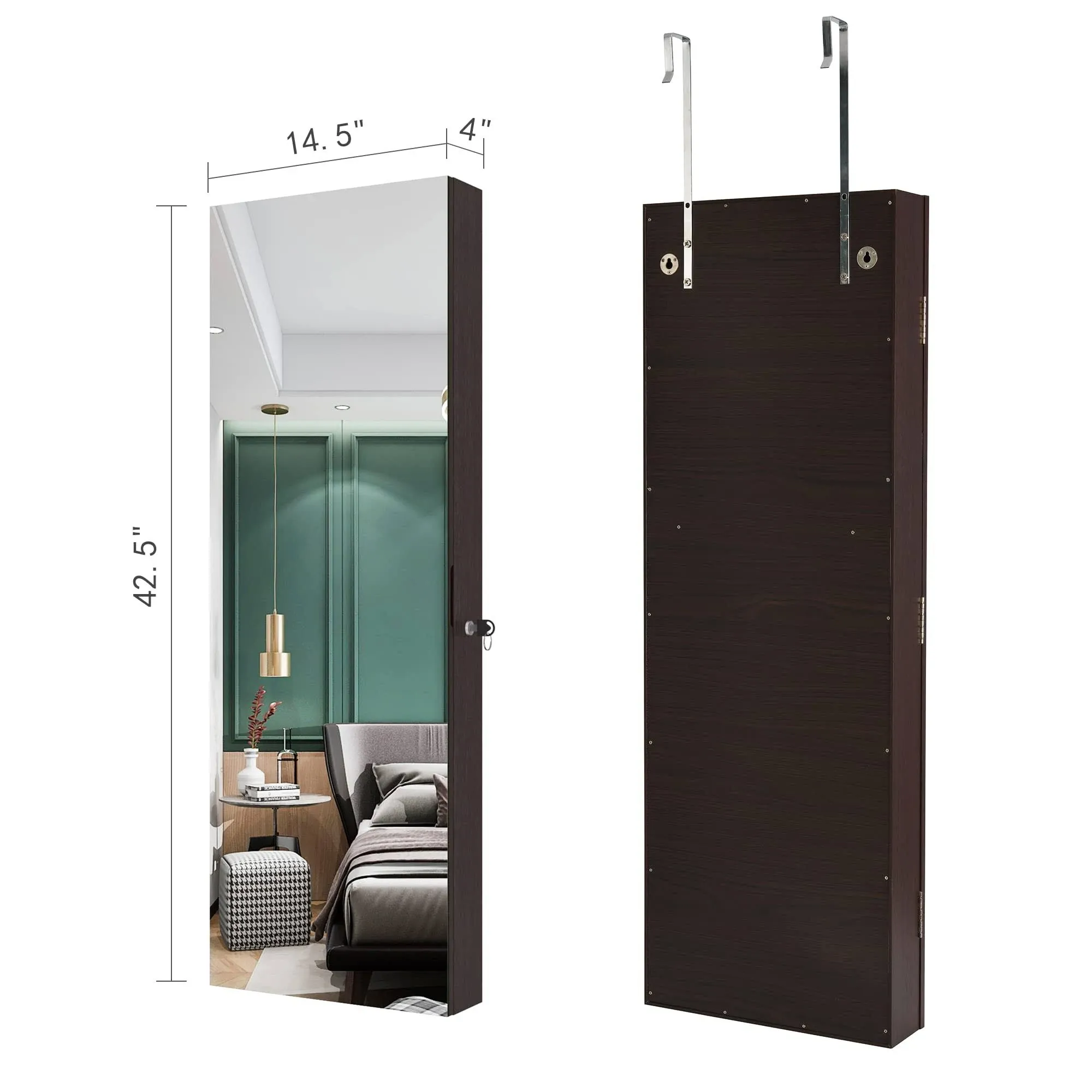 LED Jewelry Wardrobe with 42.52" Tall Door Mirror, Full Length Mirror Jewelry Cabinet, Lockable Jewelry Organizer, Wall/Door Jewelry Box and Organizer / 2 Small Storage Boxes (Brown)