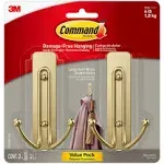 Command Large Wall Hooks, Damage Free Hanging Wall Hooks with Adhesive Strips, No Tools Double Wall Hooks for Hanging Christmas Decorations, 2 Satin Brass Plastic Hooks and 2 Command Strips