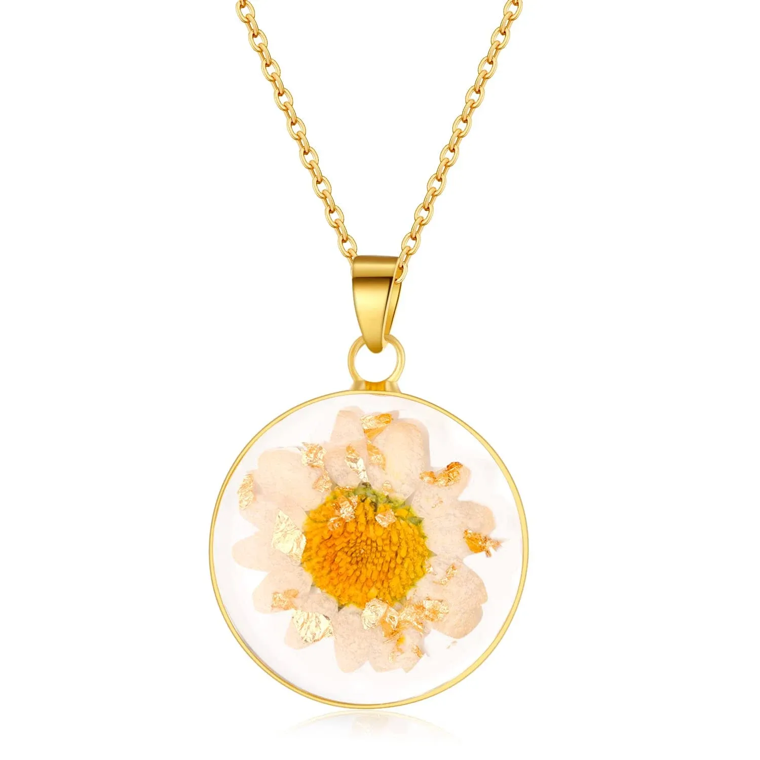 | April Birth Flower Daisy Necklace | Gold Pressed Natural Daisy Necklace