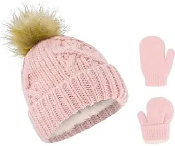 Rising Star Baby Girls and Boys Hat with Mittens Set, Winter Set for Infants Ages 0-6 Months (Pink)