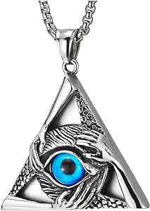 Steel Vintage Evil Eye Protection Hands Triangle Pendant Necklace for Men Women 30 Inch Wheat Chain