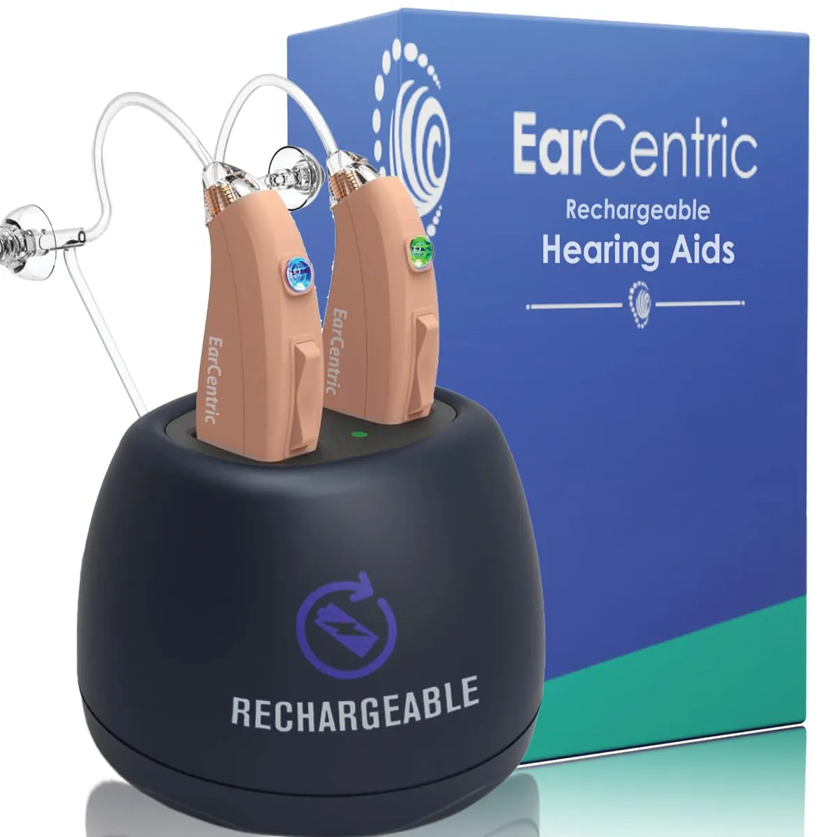 [Silver] EarCentric EasyCharge Rechargeable Hearing Aids (Pair) for Seniors, Behind-The-Ear BTE Ear Aid PSAP digital Personal sound amplification products devices with Noise Cancellation