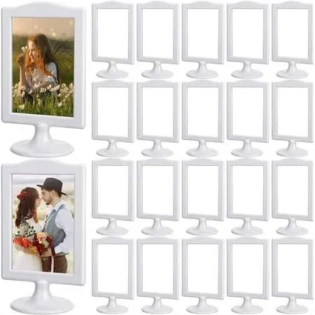 Amyhill Double Sided Standing Picture Frames 4 x 6 Pedestal Photo Frame Plastic Self Standing Frame Each Frame Holds 2 Pictures Tabletop Vertical Display Frame for Wedding Table Bridal(White,20 Pcs)