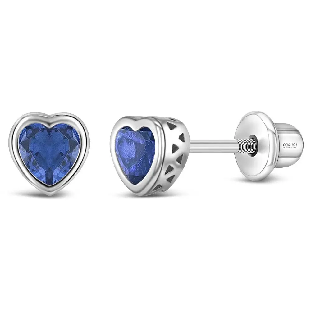 Girls' CZ Birthstone Heart Screw Back Sterling Silver Earrings - Aqua Blue - in Season Jewelry