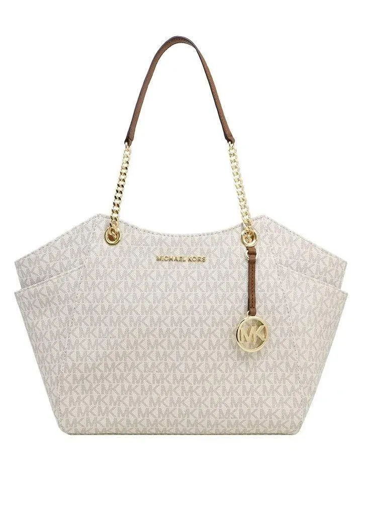 Michael Michael Kors Women's Jet Set Travel Saffiano Large Chain Shoulder Tote, Style 35T5GTVT3L (vanilla PVC/Strap Logo)