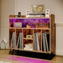 YITAHOME Record Player Stand with Power Outlets and LED Lights Holds Up to 150 Albums, Vinyl Record Storage Table & Display Shelf, Turntable Stand & Solid Legs for Living Room, Bedroom, Rustic Brown