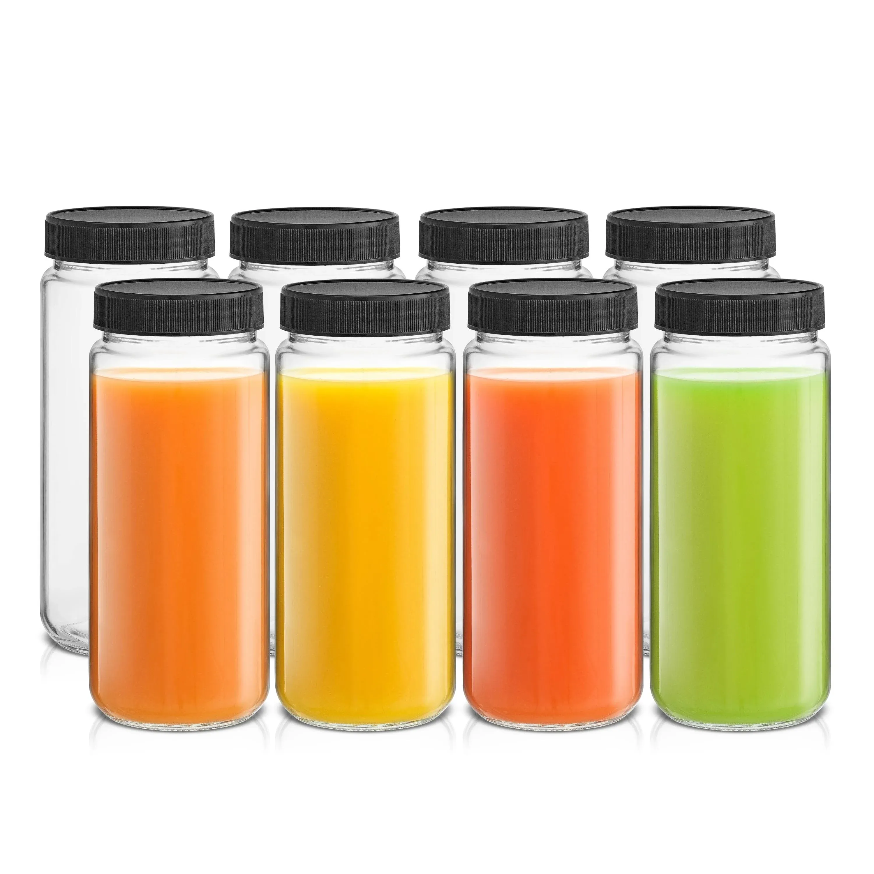 JoyJolt Reusable Glass Juice Bottles with Lids - 16oz - Set of 8 - 16 oz - Black