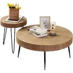 RUSTOWN Farmhouse Round Coffee Table Set of 2, Cocktail Table Set, Modern Circle Natural Wood Finsh Side and End Table Sets for Living Room