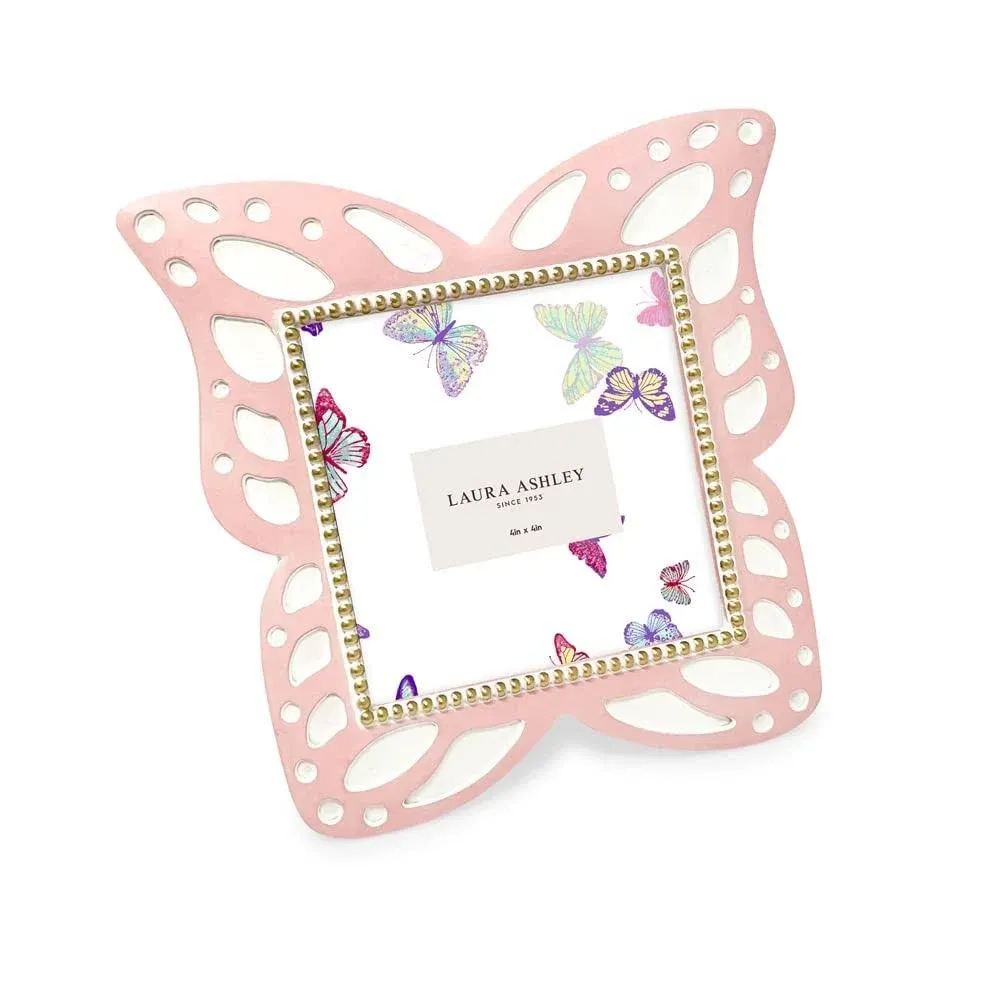 Laura Ashley 4x4 Pink Resin Butterfly Picture Frame with Dotted Edges, Photo Frame with Black Fabric Easel, Made for Tabletop & Wall-Hanging Display (4x4, Pink)