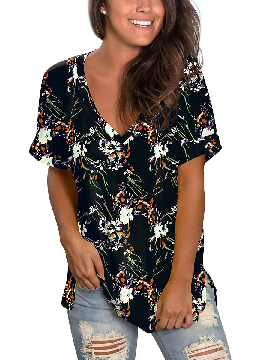 SAMPEEL Women's V Neck T Shirts Casual Rolled Short Sleeve Side Split Summer Tops Loose Fit