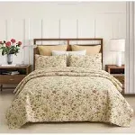 MERRY HOME 3-Piece Quilt Sets with 2 Pillow Shams - Boho Reversible Soft and Lightweight Bedding Bedspread Coverlet Set (Beige Floral, Queen)