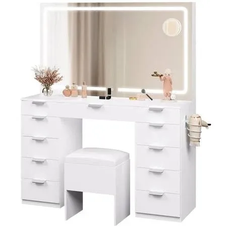 Yitahome Vanity Desk Set with Large LED Lighted Mirror & Power Outlet Vanity with 11 Drawers and Magnifying Glass